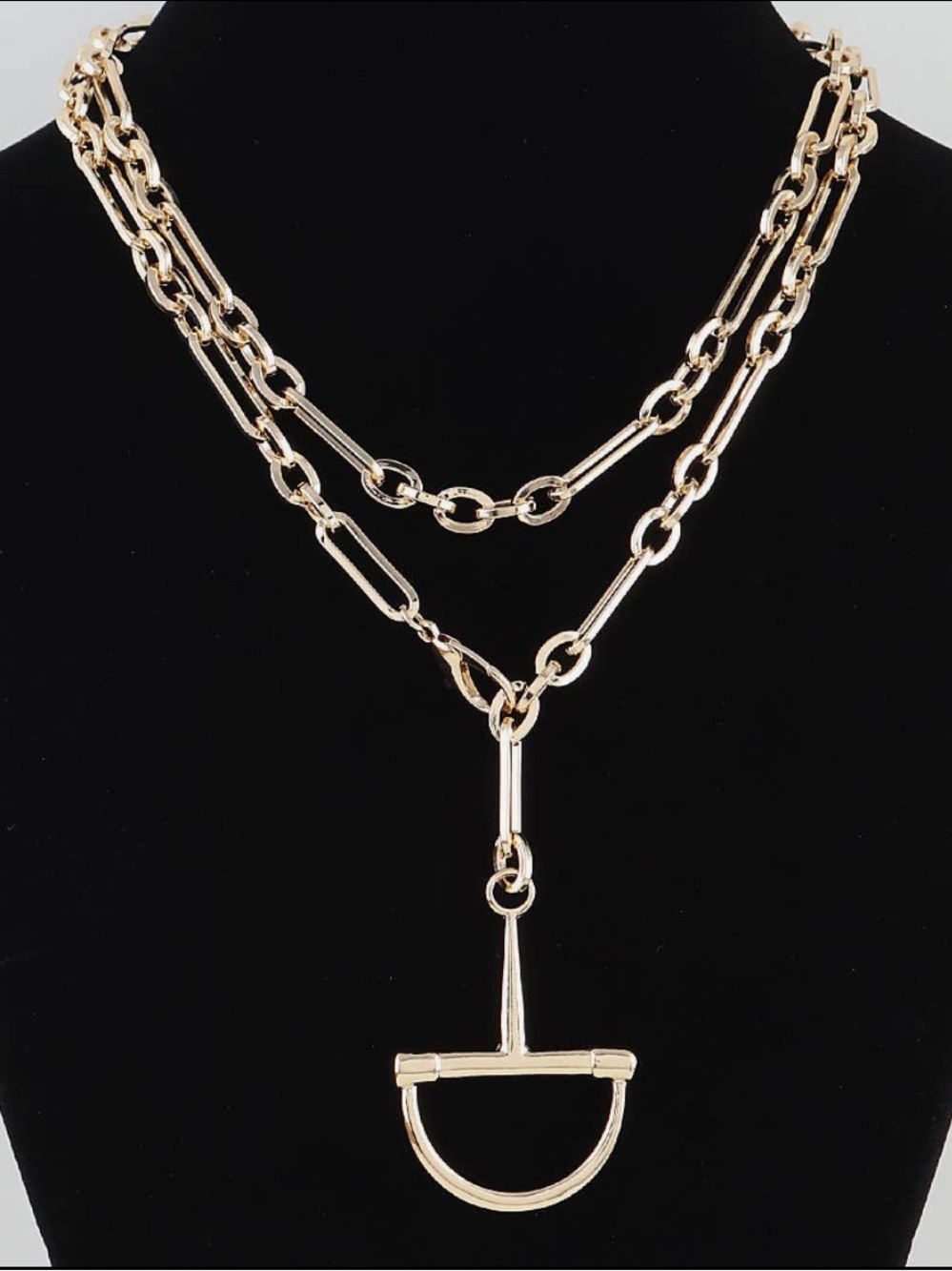 Gold Layered Link Chain Necklace with D-Ring Pendant - Picture 2 of 7